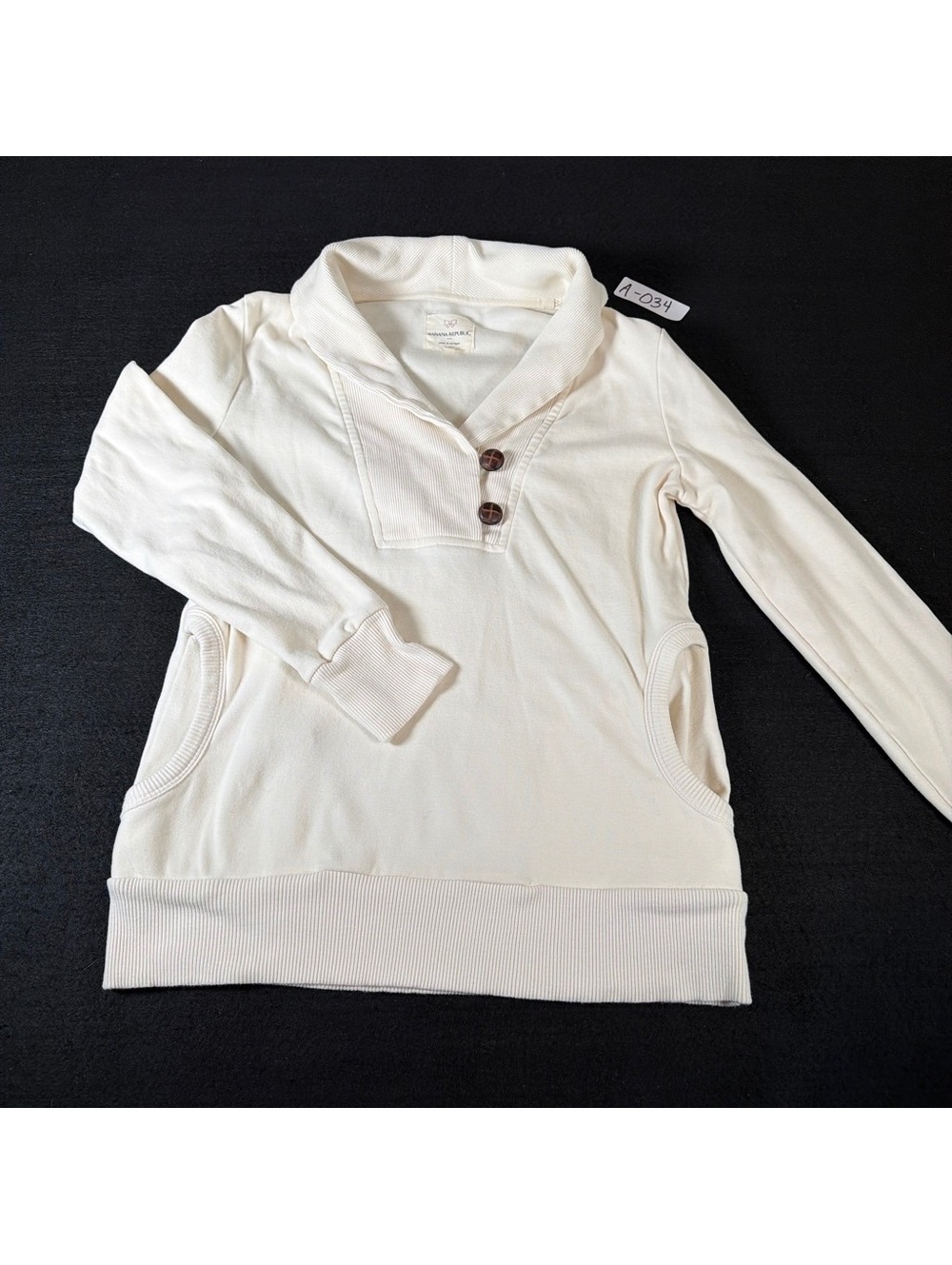 Banana Republic Women Small Ivory Shawl Collar Pullover Sweatshirt Button Cotton